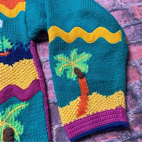 Vintage Marisa Christina XL 90s Hand Knit Beach Theme Pattern Cardigan Sweater - Picture 4 of 9